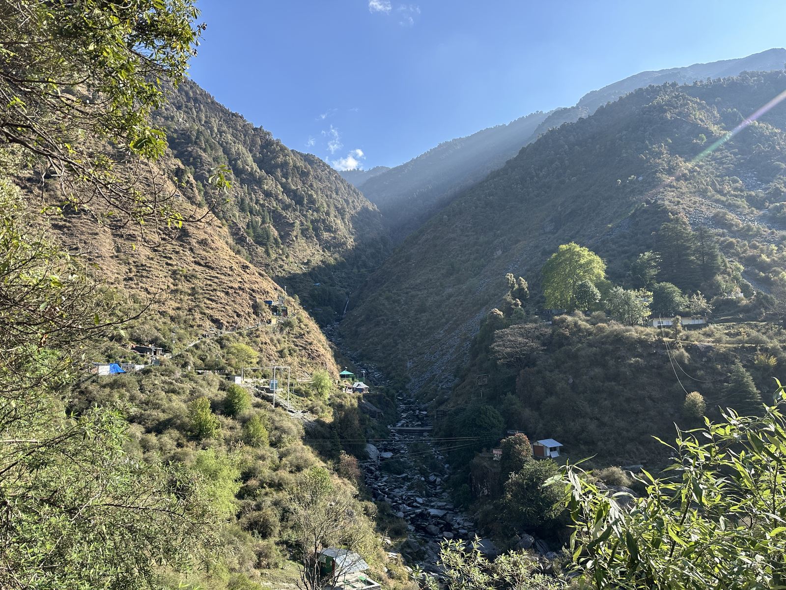 Kangra valley gorge with village houses among cedar forest, Dharamkot