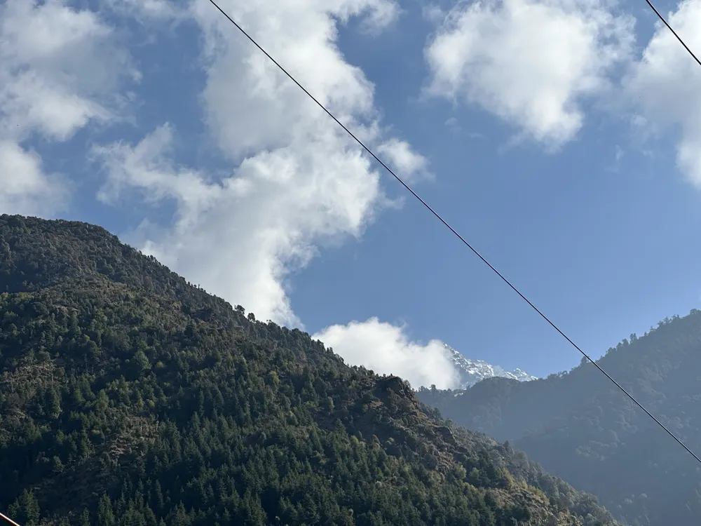 Forested slopes and peak with clouds
